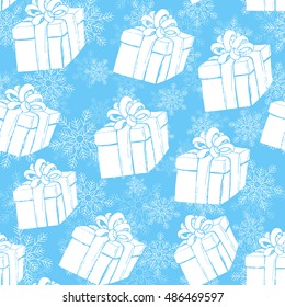 Gift boxes seamless pattern. White gifts and snowflake on blue background. Winter holidays gifts. Vector illustration