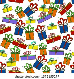gift boxes seamless pattern.Christmas; happy birthday background; hand drawing. Doodle vector illustration.