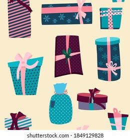 Gift boxes seamless pattern.Convolutions in festive paper different forms,size.Christmas,New year presents with ribbons and bows.Holiday decoration.Rag bags and packaging for Birthday congratulation