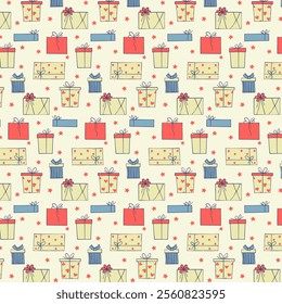 Gift boxes seamless in red, yellow and blue on white background. Hand drawn pattern for fashion graphics (all-over print), home decor (wallpaper, tablecloths, bedclothes), wrapping paper, covering
