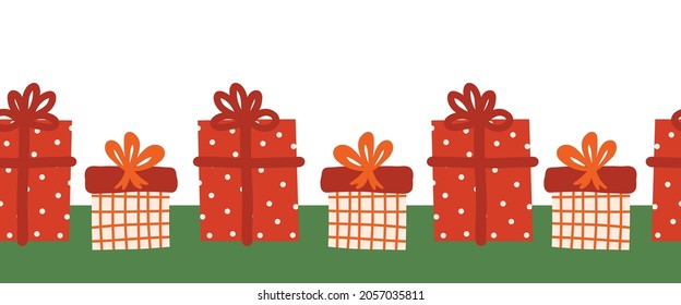 Gift boxes seamless vector border. Repeating pattern with colorful wrapped presents red white. Gift box with bows design Scandinavian style. For birthdays, celebrations, Christmas, footer, cards.