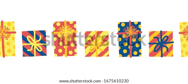 Gift\
boxes seamless vector border. Repeating pattern with colorful\
wrapped presents red blue yellow. Gift box with bows design\
Scandinavian style. For birthdays,\
celebrations