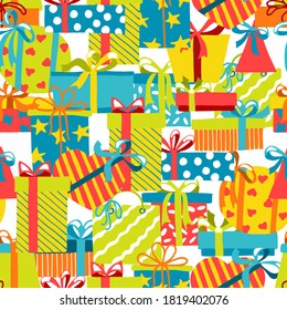 Gift boxes seamless vector pattern in cartoon style. Bright color hand drawing. Surprise, presents, vector background. Bright design of gift boxes for wrapping paper, postcards, websites, fabrics.
