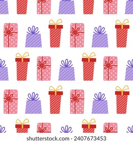 Gift boxes seamless vector pattern. Pink and violet presents with ribbon, bow. Holiday containers packed in wrapping paper with stars, stripes. Surprise for birthday, party. Stylish cartoon background