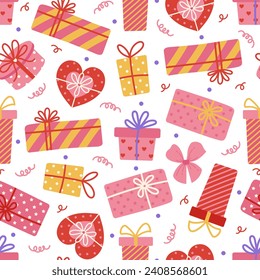 Gift boxes seamless vector pattern. Colorful presents with ribbon, bow. Containers packed in wrapping paper with hearts, stripes, polka dots. Romantic surprise for Valentines Day. Cartoon background