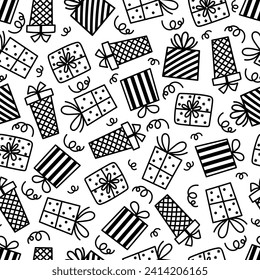 Gift boxes seamless vector pattern. Containers with bow, ribbon, confetti. Black and white presents with polka dot, stripes, stars. Hand drawn doodle, line art. Funny background for party, birthday