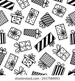 Cajas de regalo de patrón vectorial sin fisuras. Contenedores con arcos, cintas. Los regalos en blanco y negro con un punto de polka, rayas. Doodle dibujado a mano. Sorpresa por una fiesta, aniversario, evento. Trato divertido de fondo