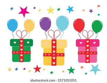 gift boxes set with balloons and stars