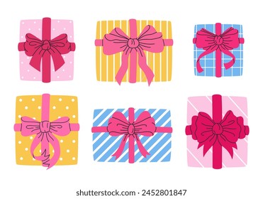 Cajas de regalo. Caja de regalos de cumpleaños, con arcos de seda, dibujado a mano coloridas cajas de regalo envueltas conjunto de Ilustración vectorial plana. Cajas de regalo de vacaciones de dibujos animados colección