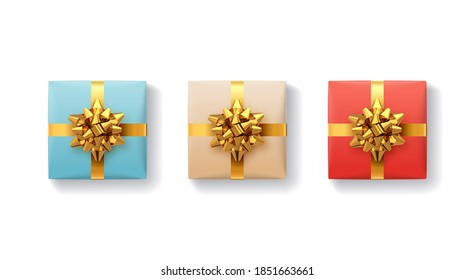 Cajas de regalo. Caja de regalo con cintas de oro realistas brillantes y arco. Vista superior. Elemento de decoración de vacaciones. Navidad de colección, cumpleaños o regalo de aniversario. Ilustración festiva vectorial.