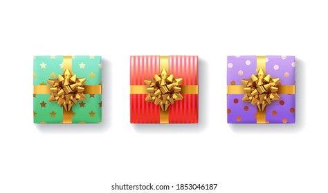 Gift boxes set. Gift box with shiny realistic gold ribbons and bow. Top view. Holiday decoration element. Collection christmas, birthday or anniversary present. Vector festive illustration.