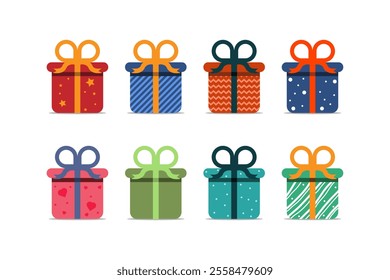 Gift boxes set. Collection of colorful gift boxes with ribbon bow on white background. Holiday presents. Vector illustration.