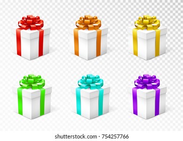 Gift boxes set with colorful bow on transparent background. Vector illustration.