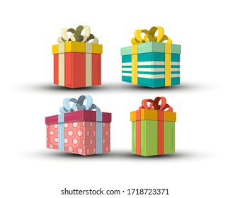 Gift Boxes Set. Colorful Vector Paper Present Box with Ribbon Collection Isolated on White Background.