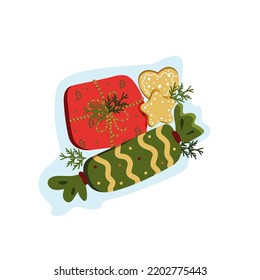 Gift Boxes set with cookies. Happy New Year and Merry Christmas. Gift boxes with ribbon. Holiday banner, web poster, flyer, greeting card, cover. Vector Illustration isolated