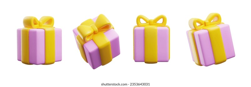 Gift boxes set in cute 3d style, vector illustration isolated on white background. Pink present with yellow ribbon. Shiny 3d gift boxes. Concepts of birthday party and holidays celebration.