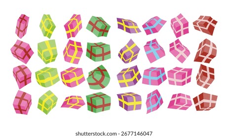 gift boxes set  from different angles in space, 3d, flat isolated vector