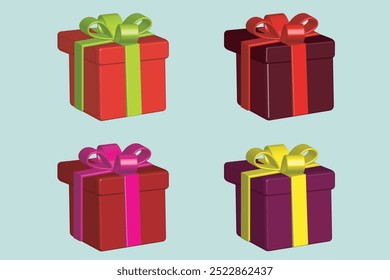 Gift boxes set in different color. Realistic vector 3d glossy boxes with highlights isolated on bluish background. Vector illustration.