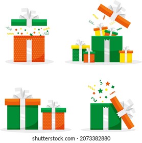 Gift boxes. A set of different colored boxes present. Surprise in a box. Vector illustration in flat style