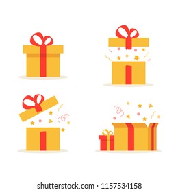Gift boxes. Set of different present boxes. Surprise in the box. Vector.