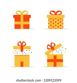 Gift Boxes Set of Different Present Boxes in Yellow Box With Red Ribbon Vector Illustration Icon in White Background. Surprise in The Gift Box.