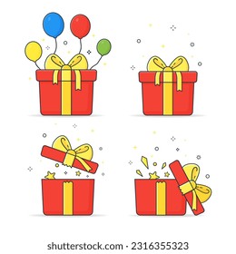 Gift boxes. Set of different real hand drawn boxes. A surprise in a box. Vector on a white background.