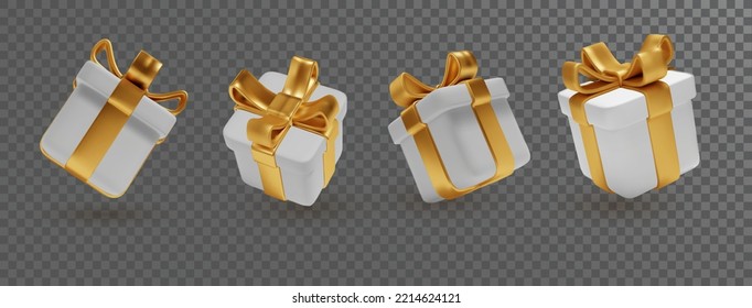 Gift boxes set with gold ribbon bow isolated on transperent background. Realistic vector holiday surprise box for birthday or wedding, christmas celebration banners