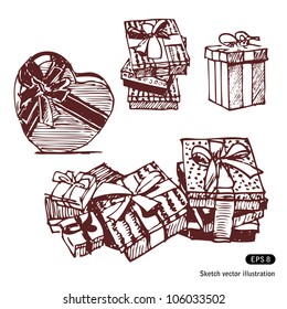 Gift boxes set. Hand drawn sketch illustration isolated on white background