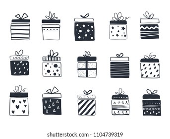 Gift boxes set, hand drawn, Scandinavian style, vector illustration