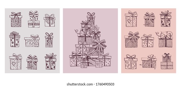 Gift boxes set. Hand drawn illustrations.