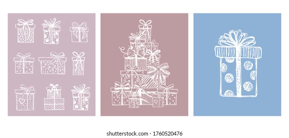 Cajas de regalo. Ilustraciones dibujadas a mano.