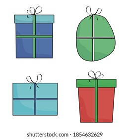 Gift boxes set, hand drawn doodle style. Birthday party.