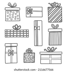 Gift boxes set, hand drawn doodle style.  Line. Cute collection icons. Birthday party. Valentine's day. Vector illustration for greeting cards, invitations, posters.  isolated on white bacground