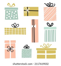 Gift boxes set, hand drawn doodle style. Cute collection icons. Birthday party. Valentine's day. Vector illustration for greeting cards, invitations, posters. isolated on white bacground