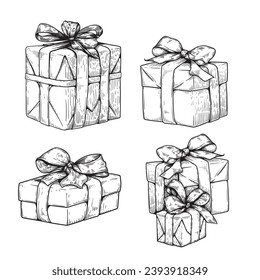 Gift boxes set. Hand drawn sketch style illustration. Best for Christmas, birthday designs. Vector illustrations collection.