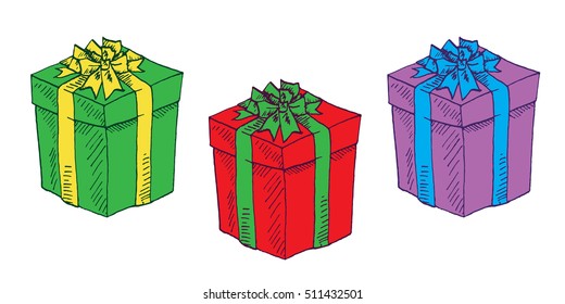 Gift boxes set. Hand drawn doodle vector, pop art, comic style illustration 