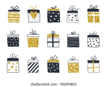 Gift boxes set, hand drawn Scandinavian style. Gold and black color, vector illustration