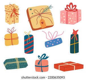 Gift Boxes set  Happy New Year   Merry Christmas  Gift boxes and ribbon  Holiday banner  web poster  flyer  stylish brochure  greeting card  cover  Hand draw Vector Illustration isolated