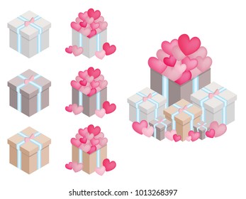 Gift boxes set Hearts Confetti, Flat style vector illustration isolated on white background.