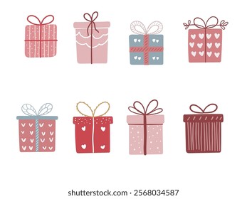 gift boxes set with hearts, ribbons, and stars. Perfect for celebrations and holidays	