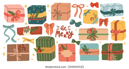 Gift boxes set. Holiday Christmas and New Year presents wrapped in festive paper wrapping, decorated with ribbon bows, strings and twines. Surprises in giftboxes. Flat vector illustrations isolated 