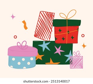 Gift boxes set. Holiday presents wrapped in festive paper wrapping, decorated with ribbon bows, strings and twines. Surprises in giftboxes. Flat vector illustrations isolated on white background