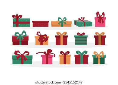 Gift boxes set. Holiday presents wrapped in festive paper wrapping, decorated with ribbon bows, strings and twines. Christmas giftboxes. Flat vector illustrations isolated on white background.