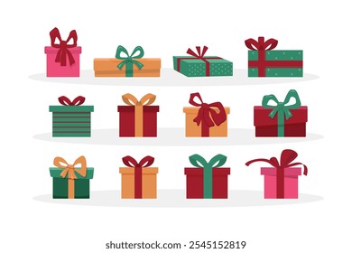 Gift boxes set. Holiday presents wrapped in festive paper wrapping, decorated with ribbon bows, strings and twines. Christmas giftboxes. Flat vector illustrations isolated on white background.