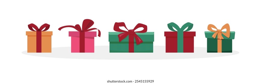 Gift boxes set. Holiday presents wrapped in festive paper wrapping, decorated with ribbon bows, strings and twines. Christmas giftboxes. Flat vector illustrations isolated on white background.