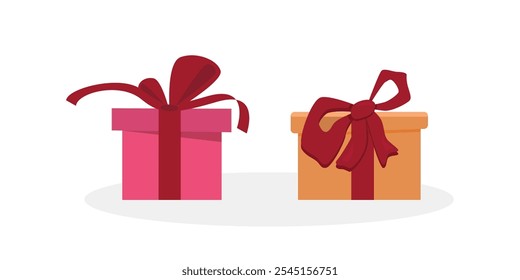 Geschenkbox-Set. Feiertagsgeschenke in festlicher Papierverpackung, verziert mit Schleifen, Streichern und Zwillingen. Weihnachtsgeschenkboxen. Flache Vektorgrafiken einzeln auf weißem Hintergrund.
