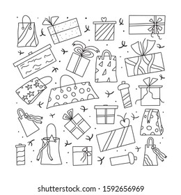 Gift boxes set isolated on white background. Giftware collection. Holiday presents symbols banner template. Vector illustration.