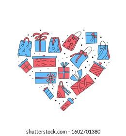 Gift boxes set isolated on white background. Giftware collection. Holiday presents symbols heart composition. Vector illustration.