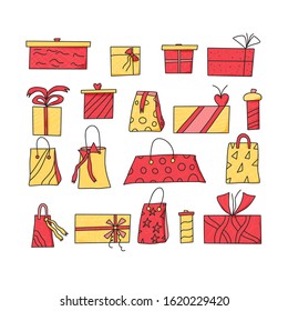 Gift boxes set isolated on white background. Giftware collection. Holiday presents symbols. Vector illustration.