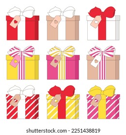 Gift boxes set isolated on white. Different color of wrapper, gift ribbon, bow and label with heart. Vector for holiday illustration, birthday present and celebration, Valentine's day, bonus concept.